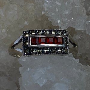Sterling Silver Marcasite Ruby Ring Approx. Size 7 See Sizer Pic